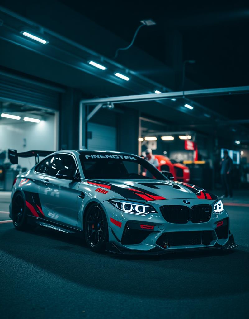 BMW race car in the pit lane at night